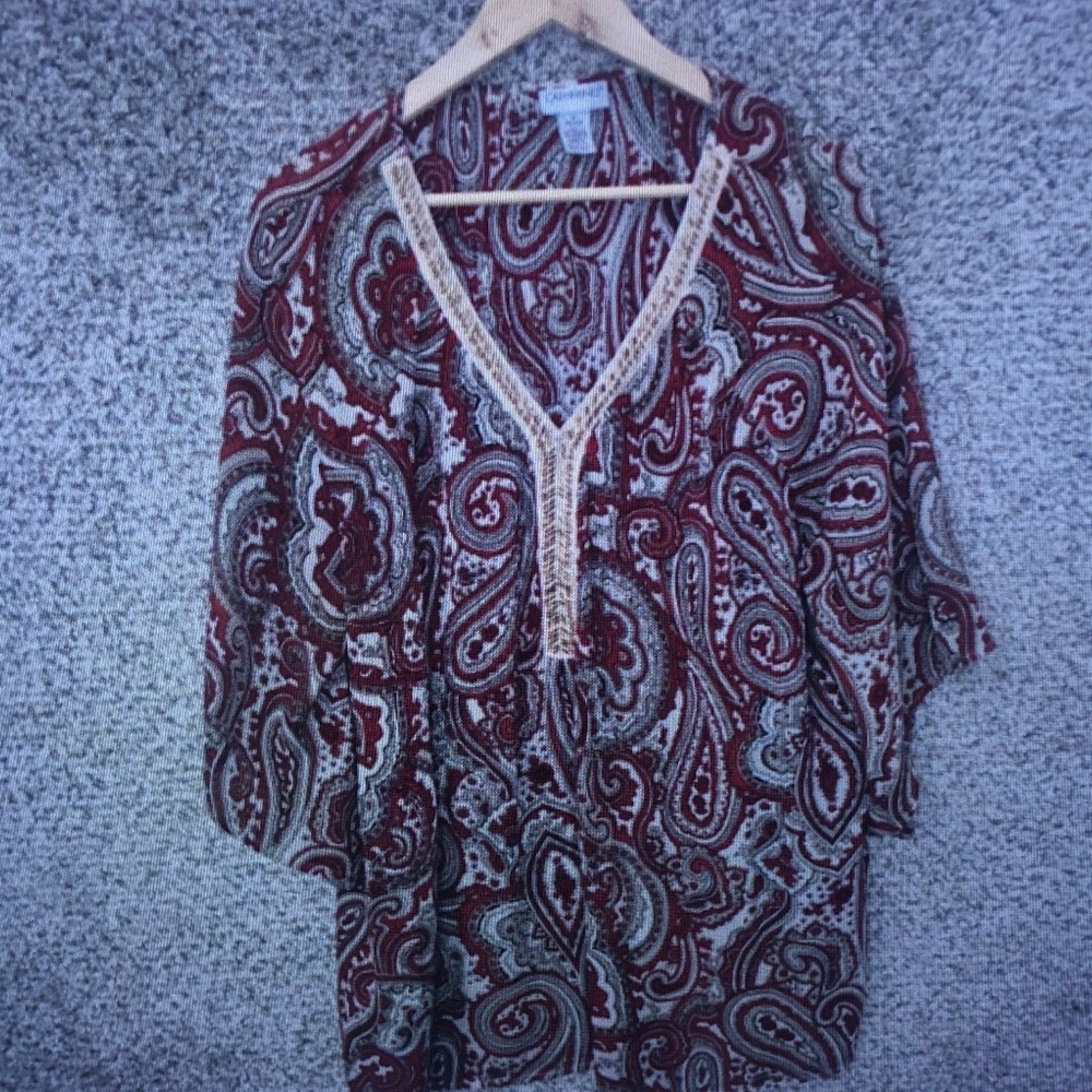 Paisley V-Neck Peasant Top in Burgundy and Cream